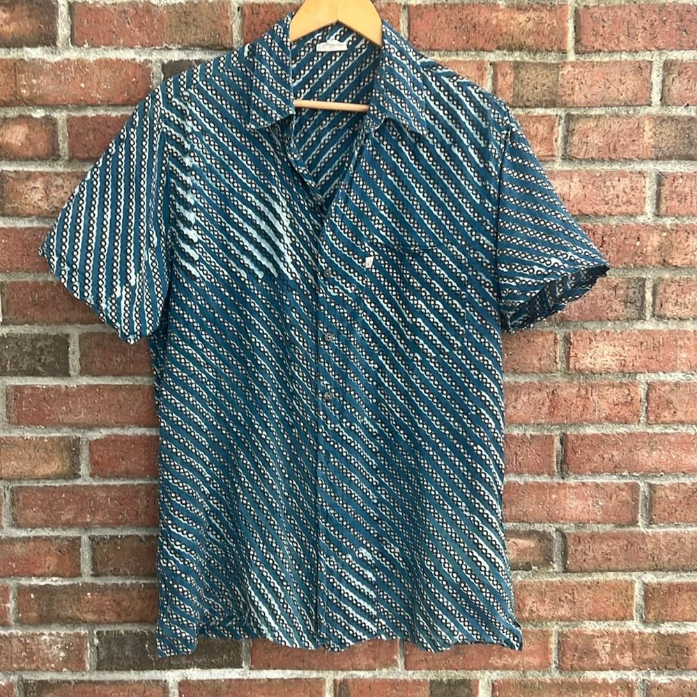 Anokhi Blue Indian resist geometric stripe Men's size L Shirt - Picture 1 of 7